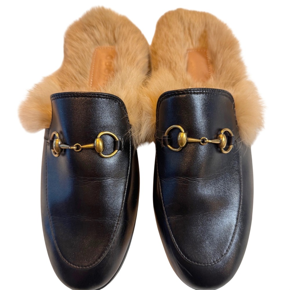 Gucci Princetown Black Leather Horsebit Fur Lined Mule Loafers 39 Womens